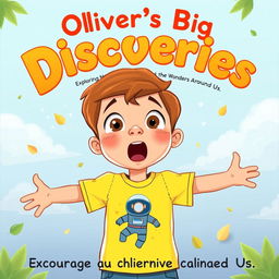 Create a cartoon-style front page for a children's book titled "Oliver’s Big Discoveries: Exploring the Wonders Around Us