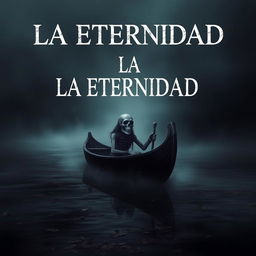 Create an image featuring the text 'LA ETERNIDAD' with Charon depicted as a skull in his boat