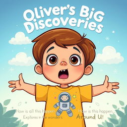 Create a cartoon-style front page for a children's book titled "Oliver’s Big Discoveries: Exploring the Wonders Around Us