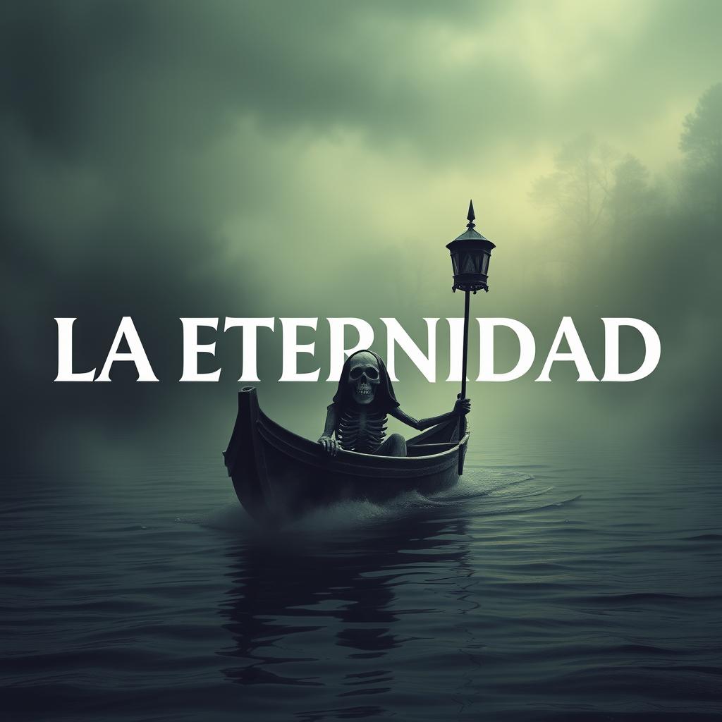 Create an image featuring the text 'LA ETERNIDAD' with Charon depicted as a skull in his boat