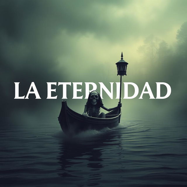 Create an image featuring the text 'LA ETERNIDAD' with Charon depicted as a skull in his boat