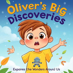 Create a cartoon-style front page for a children's book titled "Oliver’s Big Discoveries: Exploring the Wonders Around Us