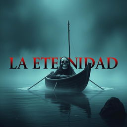 Create an image featuring the text 'LA ETERNIDAD' with Charon depicted as a skull in his boat