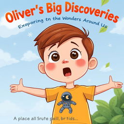 Create a cartoon-style front page for a children's book titled "Oliver’s Big Discoveries: Exploring the Wonders Around Us