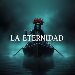 Create an image featuring the text 'LA ETERNIDAD' with a male Catrina figure in a boat, resembling Charon