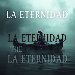 Create an image featuring the text 'LA ETERNIDAD' with a male Catrina figure in a boat, resembling Charon