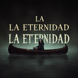 Create an image featuring the text 'LA ETERNIDAD' with a male Catrina figure in a boat, resembling Charon