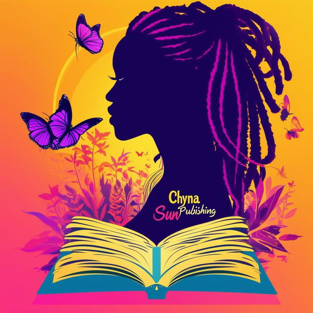 A vibrant logo for a book by Pasquel Jordan, featuring an open book with a silhouette of a woman with dreadlocks, butterflies, and the text 'Chyna Sun Publishing'