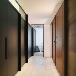 A modern interior design of a hallway leading into a room, with two adjacent washrooms.