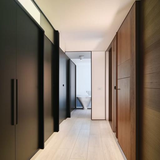 A modern interior design of a hallway leading into a room, with two adjacent washrooms.