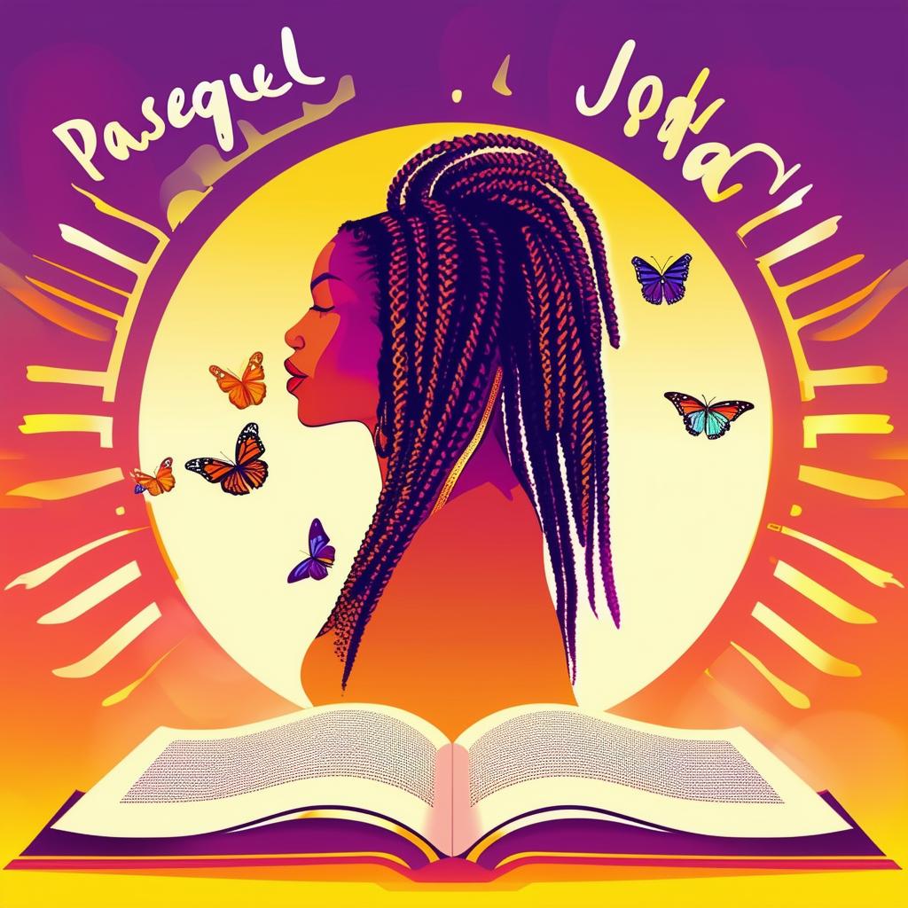 A vibrant logo for a book by Pasquel Jordan, featuring an open book with a silhouette of a woman with dreadlocks, butterflies, and the text 'Pasquel Jordan'