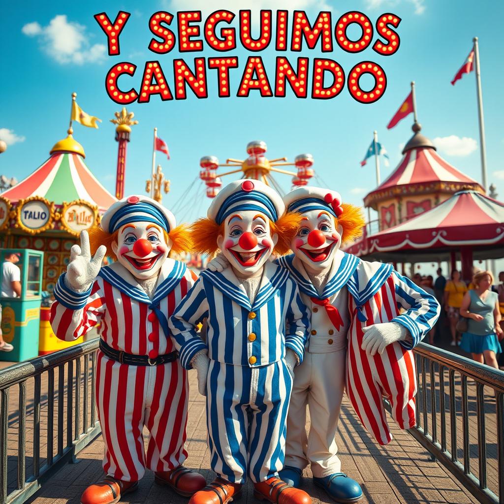 Create an image featuring the text 'Y SEGUIMOS CANTANDO' with clowns dressed as sailors in an amusement park