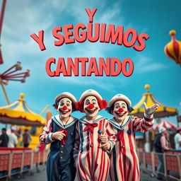 Create an image featuring the text 'Y SEGUIMOS CANTANDO' with clowns dressed as sailors in an amusement park