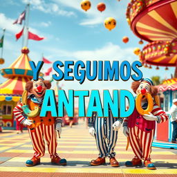 Create an image featuring the text 'Y SEGUIMOS CANTANDO' with clowns dressed as sailors in an amusement park