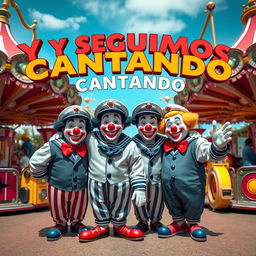 Create an image featuring the text 'Y SEGUIMOS CANTANDO' with clowns dressed as sailors in an amusement park