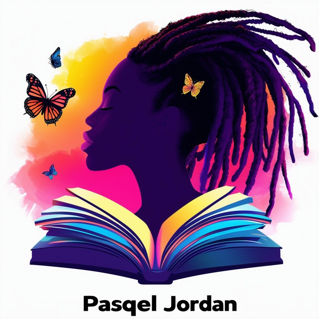 A vibrant logo for a book by Pasquel Jordan, featuring an open book with a silhouette of a woman with dreadlocks, butterflies, and the author's name