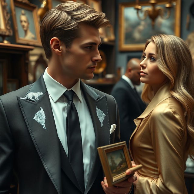 A full-body scene of an elegant man with dark blond hair and amber eyes, dressed in an elegant suit and tie