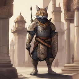 A detailed illustration of a Tabaxi guard standing alert and vigilant