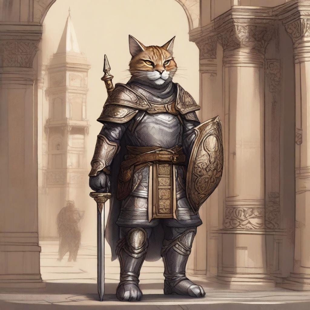 A detailed illustration of a Tabaxi guard standing alert and vigilant