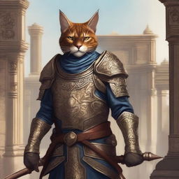 A detailed illustration of a Tabaxi guard standing alert and vigilant