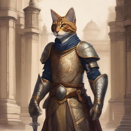 A detailed illustration of a Tabaxi guard standing alert and vigilant