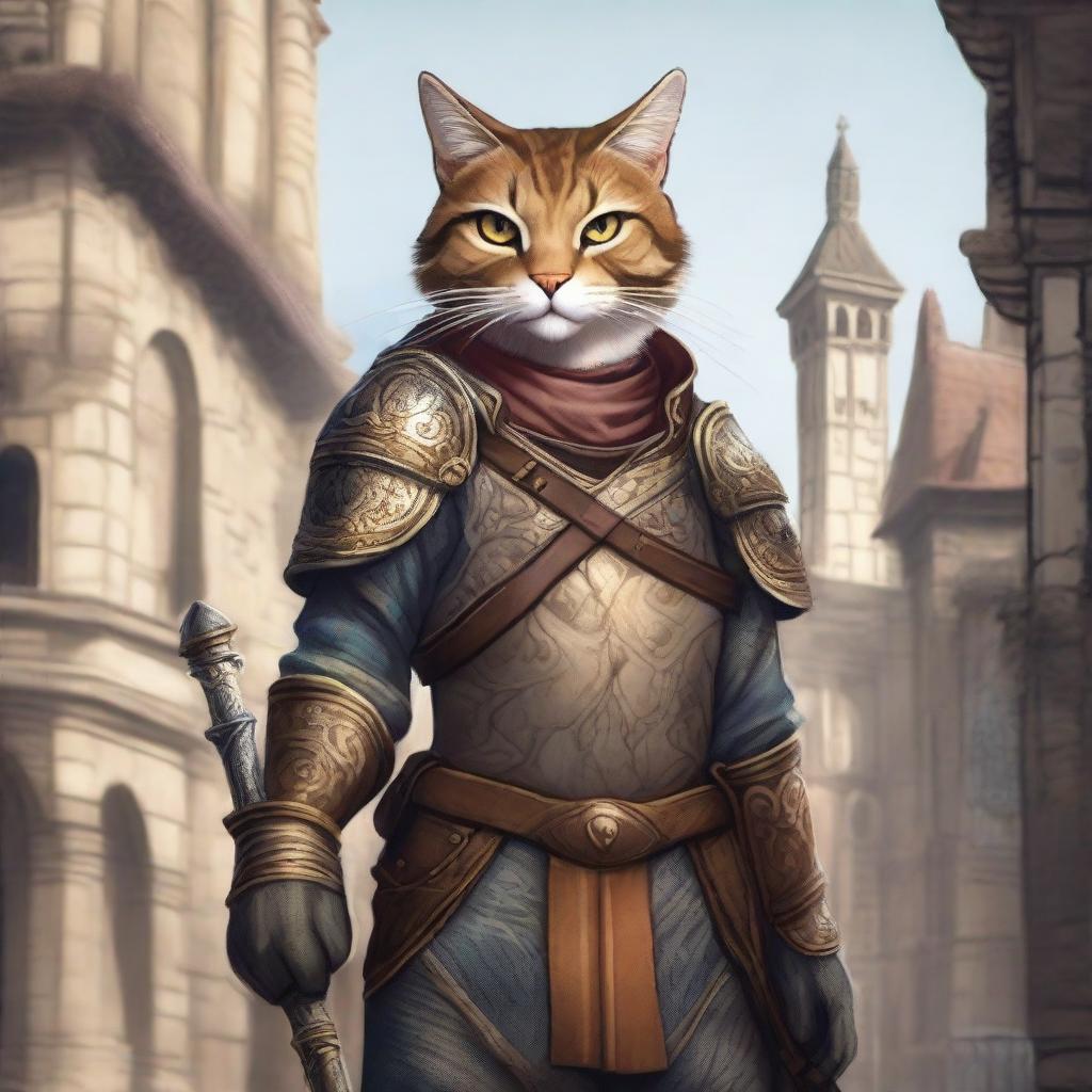 A detailed illustration of a Tabaxi guard with calico fur