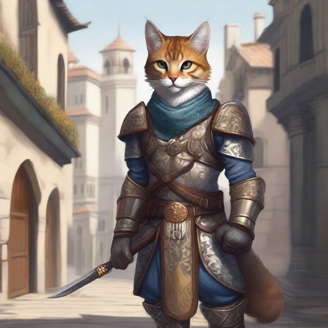 A detailed illustration of a Tabaxi guard with calico fur