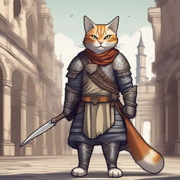 A detailed illustration of a Tabaxi guard with calico fur