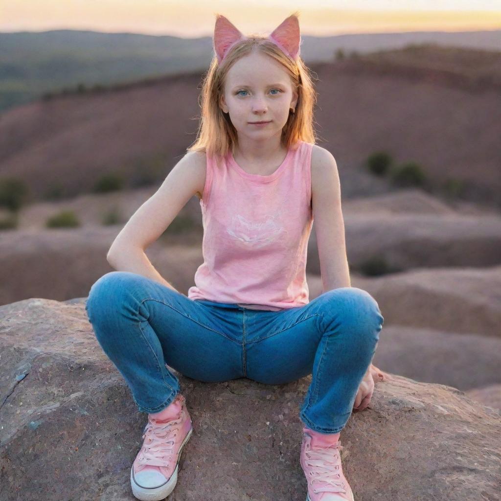 A cute young girl with orange skin, blue eyes, pointed ears, a cat-like nose, long tail, and long claws, wearing a sleeveless pink top and short, tight blue jeans, sitting on a rock and admiring the sunset.