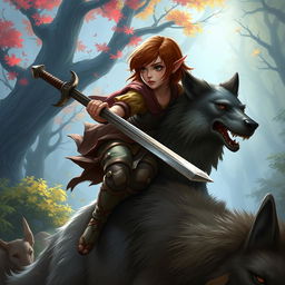 A female halfling with short brown hair, wielding a longsword, riding on the back of a large wolf