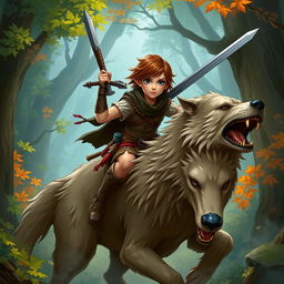 A female halfling with short brown hair, wielding a longsword, riding on the back of a large wolf