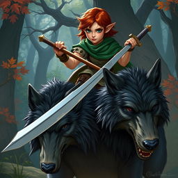 A female halfling with short brown hair, wielding a longsword, riding on the back of a large wolf