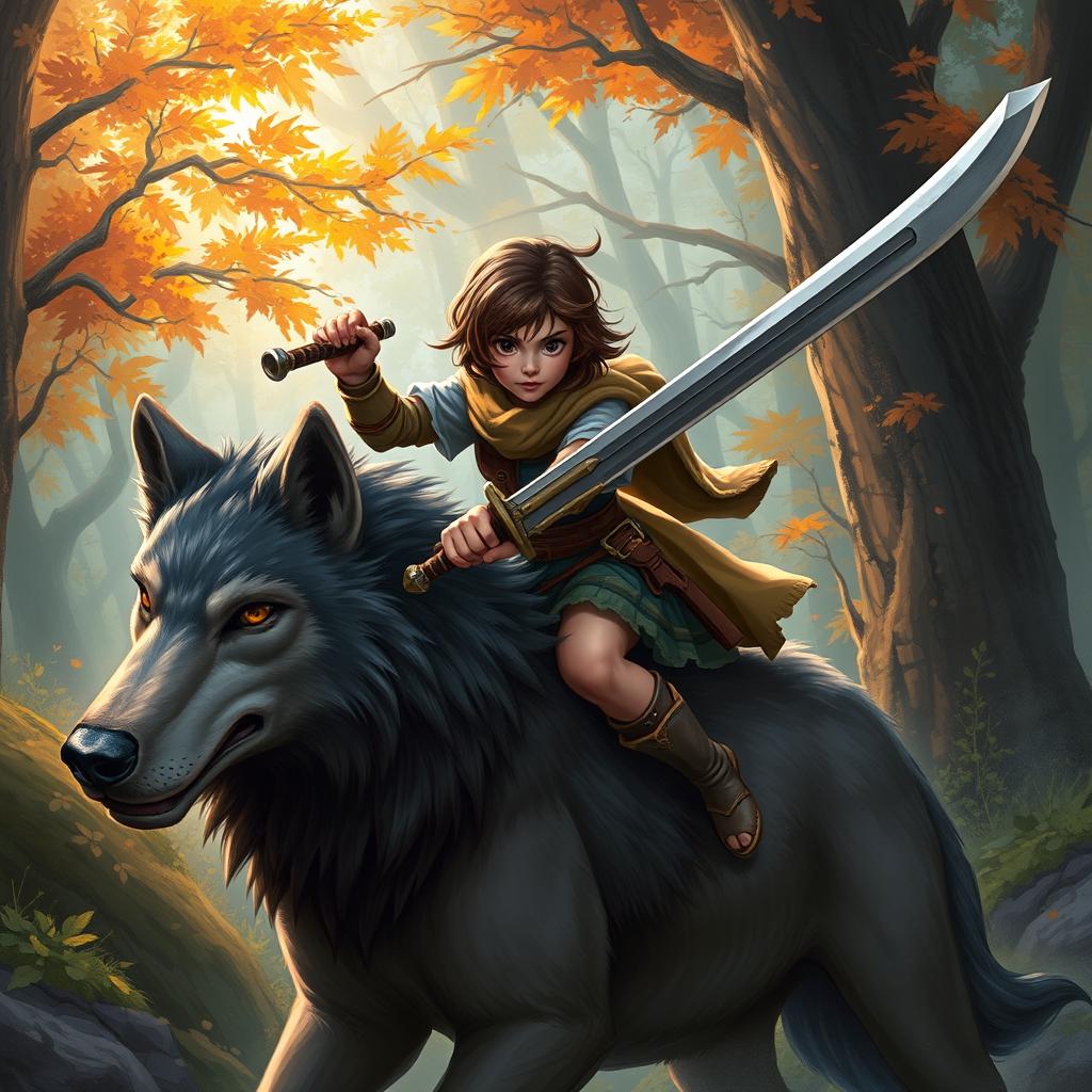 A female halfling with short brown hair, wielding a longsword, riding on the back of a large wolf