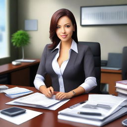 A professional office secretary sitting at her desk, wearing a deep shirt with noticeable cleavage