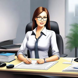 A professional office secretary sitting at her desk, wearing a deep shirt with noticeable cleavage