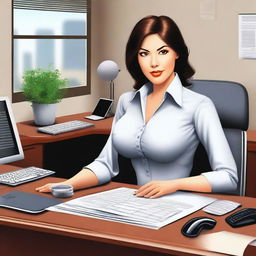 A professional office secretary sitting at her desk, wearing a deep shirt with noticeable cleavage