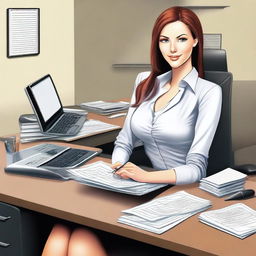 A professional office secretary sitting at her desk, wearing a deep shirt with noticeable cleavage