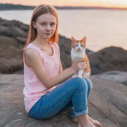 A cute young girl with orange skin, blue eyes, pointed ears, a cat-like nose, long tail, and long claws, wearing a sleeveless pink top and short, tight blue jeans, sitting on a rock and admiring the sunset.