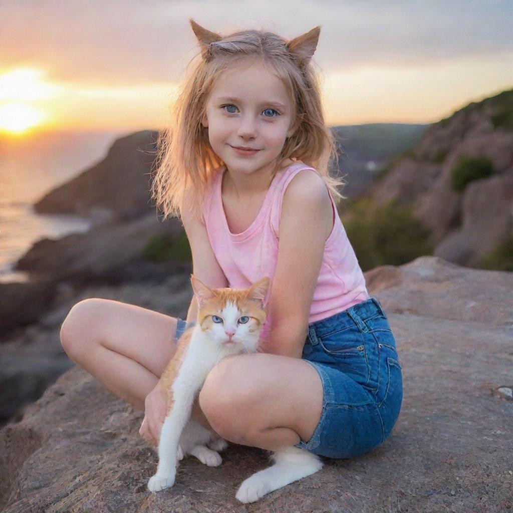 A cute young girl with orange skin, blue eyes, pointed ears, a cat-like nose, long tail, and long claws, wearing a sleeveless pink top and short, tight blue jeans, sitting on a rock and admiring the sunset.