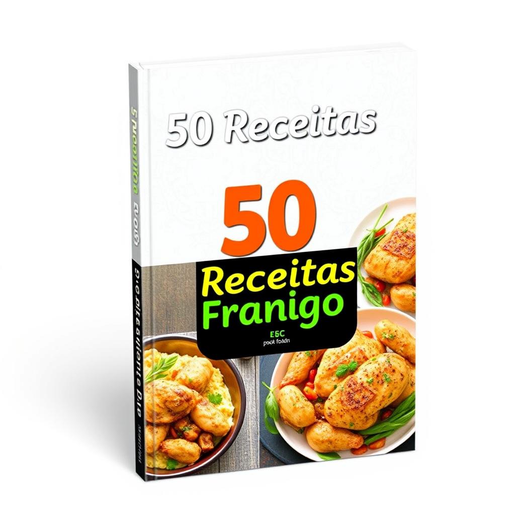 A vibrant and appealing e-book cover featuring the title '50 Receitas de Frango'