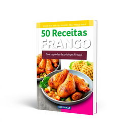 A vibrant and appealing e-book cover featuring the title '50 Receitas de Frango'