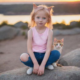 A cute young girl with orange skin, blue eyes, pointed ears, a cat-like nose, long tail, and long claws, wearing a sleeveless pink top and short, tight blue jeans, sitting on a rock and admiring the sunset.
