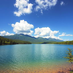 A beautiful landscape featuring a serene lake surrounded by lush green trees and mountains in the background under a clear blue sky with fluffy white clouds