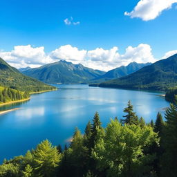 A beautiful landscape featuring a serene lake surrounded by lush green trees and mountains in the background under a clear blue sky with fluffy white clouds