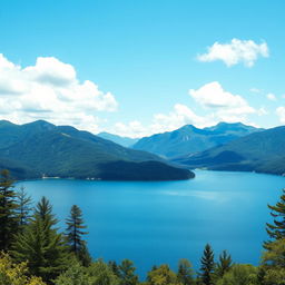 A beautiful landscape featuring a serene lake surrounded by lush green trees and mountains in the background under a clear blue sky with fluffy white clouds