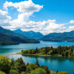 A beautiful landscape featuring a serene lake surrounded by lush green trees and mountains in the background under a clear blue sky with fluffy white clouds