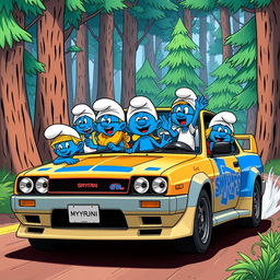 A group of Smurfs driving a Nissan Skyline GTR 34 through a vibrant, cartoonish forest