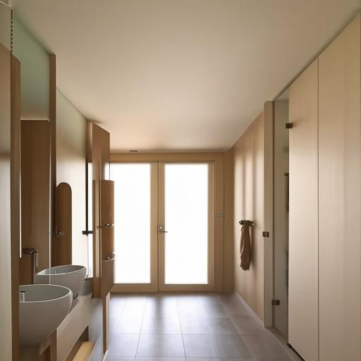 A modern interior design of a hallway leading into a room, with two adjacent washrooms.