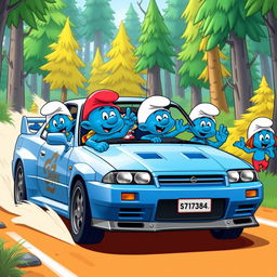 A group of Smurfs driving a Nissan Skyline GTR 34 through a vibrant, cartoonish forest