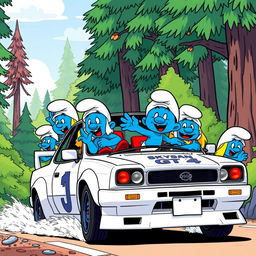 A group of Smurfs driving a Nissan Skyline GTR 34 through a vibrant, cartoonish forest